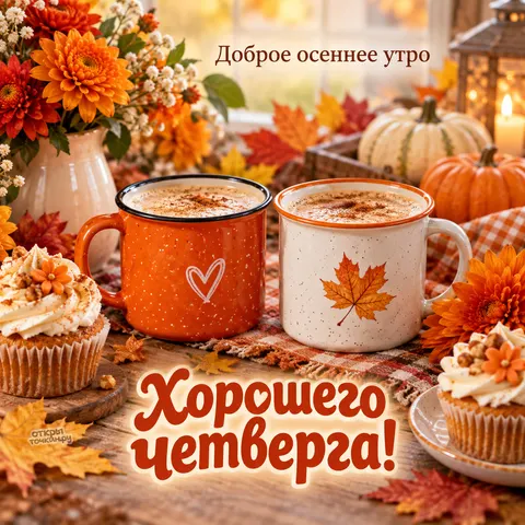 Открытка «Доброе утро четверг, две чашки и капкейки с хризантемами»