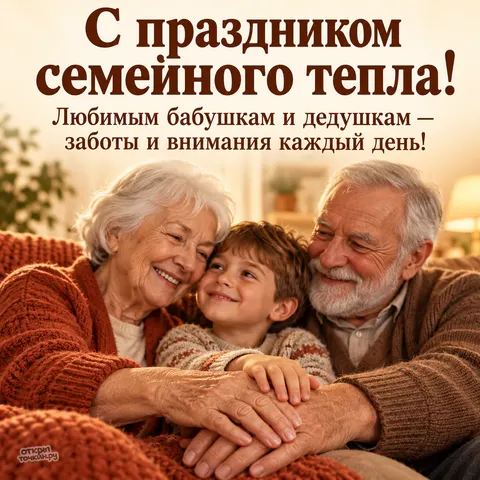 Открытка «День бабушек и дедушек, руки бабушки внука и дедушки, семейное тёпло дома»