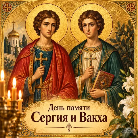 Открытка «День памяти Сергия и Вакха, святые в золотой ризе с храмом и лилиями» — День памяти святых мучеников Сергия и Вакха