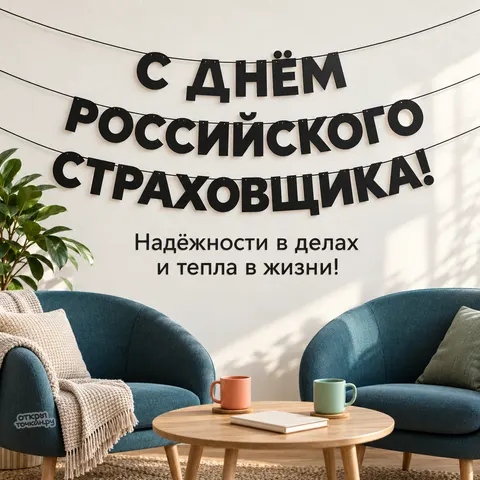 Открытка «С Днём российского страховщика, гирлянда букв и уютные кресла»