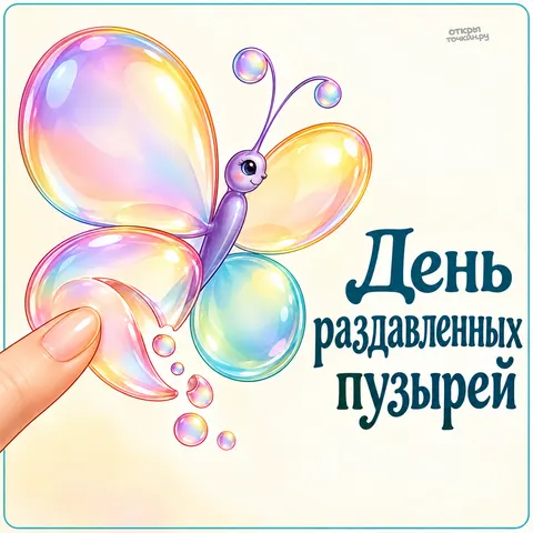 Открытка «День раздавленных пузырей, бабочка из пузырей и палец»
