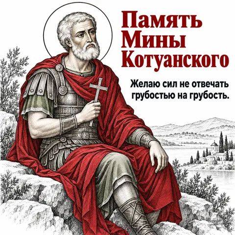 Открытка «День памяти великомученика Мины Котуанского, Мина сидит с крестом гравюра у озера»