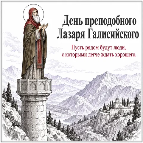 Открытка «День памяти преподобного Лазаря Галисийского, гравюра столпника и монастыря в скале»