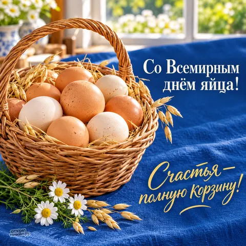 Открытка «Со Всемирным днём яйца, плетёная корзина домашних яиц»