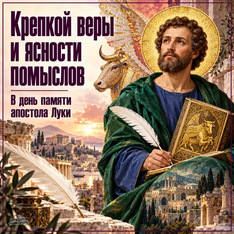 Открытка «День памяти апостола Луки, апостол пишет в золотой книге с тельцом, перо и чёрнильница, вид на античный город, крепкой веры и ясности помыслов» — День памяти святого апостола и евангелиста Луки