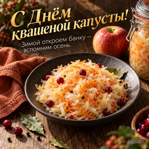 Открытка «С днём квашеной капусты, осенний натюрморт на тёмном столе»