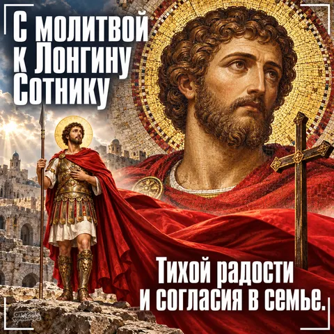 Открытка «День памяти Лонгина Сотника, с молитвой к сотнику, портрет и воин у древнего города, тихой радости и согласия в семье» — День памяти святого мученика Лонгина Сотника