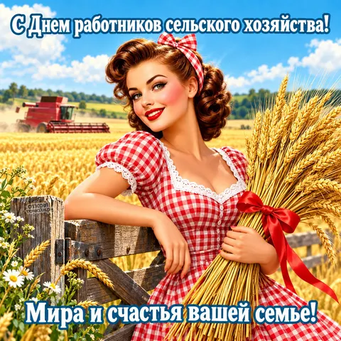 Открытка «День сельского хозяйства, женщина с колосьями в клетчатом платье» — День работника сельского хозяйства и перерабатывающей промышленности