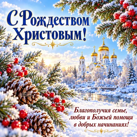 Открытка «С Рождеством Христовым, зимний храм в обрамлении хвои шишек и ягод»