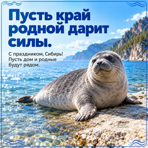 Открытка «День Сибири, нерпа на камнях у байкальской воды»