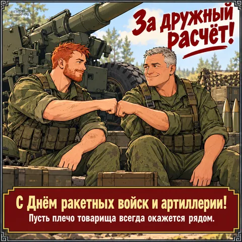 Открытка «День ракетных войск и артиллерии, два артиллериста у орудия и дружеский кулак»