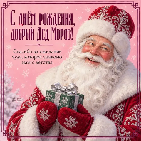 Открытка «День рождения Деда Мороза, дед мороз с зелёным подарком и улыбкой»