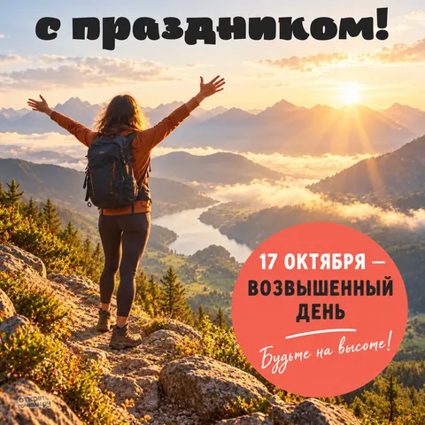 Открытка «Возвышенный день, 17 октября, туристка на вершине с рюкзаком, будьте на высоте»