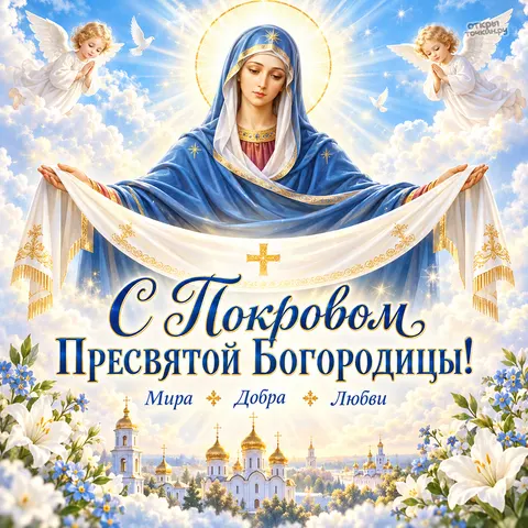 Открытка «Покров Пресвятой Богородицы, Богородица с ангелами, омофор с крестом, храмы, лилии и незабудки»