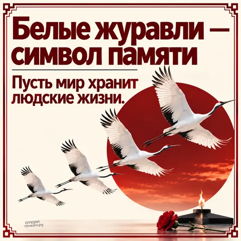 Открытка «Праздник белых журавлей, журавли на красном солнце, вечный огонь и гвоздика, символ памяти, пусть мир хранит жизни»