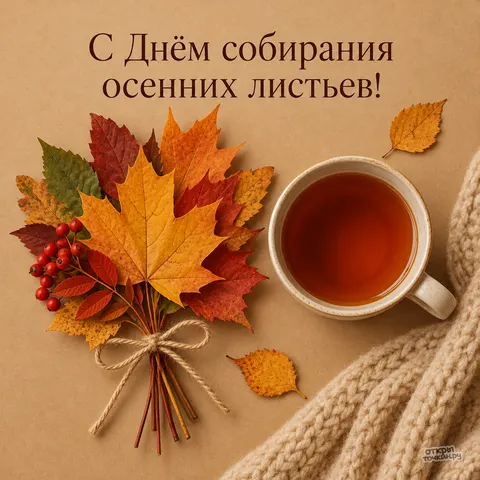 Открытка «День собирания осенних листьев, букет листьев, чашка чая и уютный вязаный шарф»