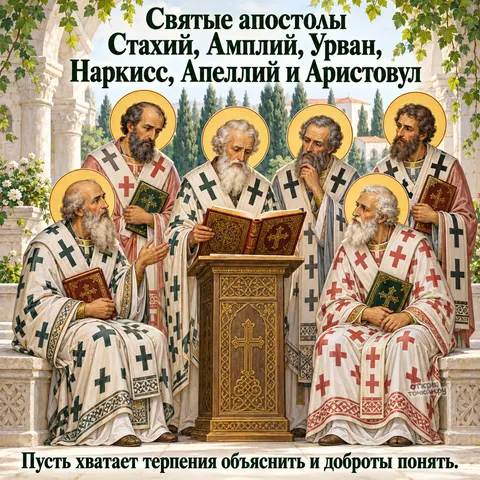 Открытка «День памяти шести апостолов, апостолы слушают чтение Евангелия у аналоя» — День памяти апостолов от 70-ти Стахия, Амплия, Урвана и прочих