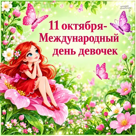 Открытка «Международный день девочек, рыжая девочка в цветке» — рыжеволосая девочка сидит в огромном розовом цветке среди бабочек