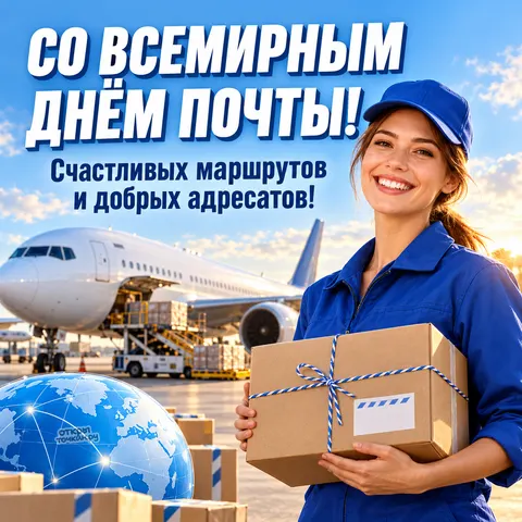 Открытка «Со Всемирным днём почты, посылка и самолёт в аэропорту»