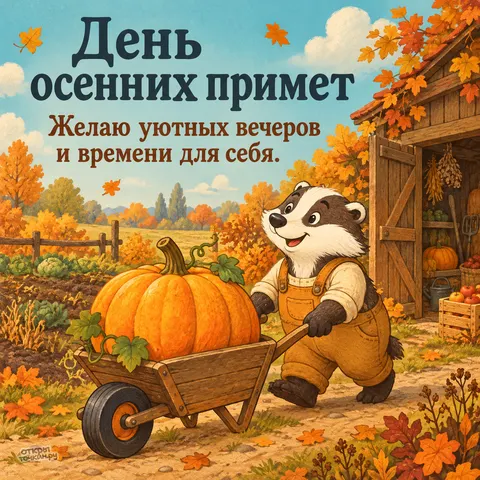 Открытка «День осенних примет, барсук толкает тележку с тыквой у сарая»