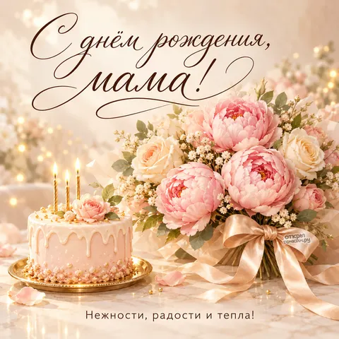 Открытка «С днём рождения мама, тортик с цветами»