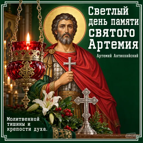 Открытка «День памяти Артемия Антиохийского, лампада и крест на столе, белые лилии, светлый день памяти» — День памяти великомученика Артемия Антиохийского