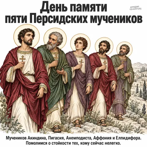 Открытка «День памяти пяти Персидских мучеников, гравюра пяти мучеников на каменной дороге» — День памяти мучеников Акиндина, Пигасия, Анемподиста и прочих