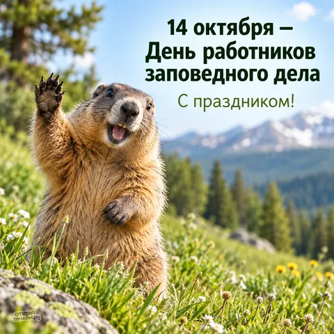 Открытка «День заповедного дела, весёлый сурок машет лапой на фоне гор и цветов» — День работников заповедного дела