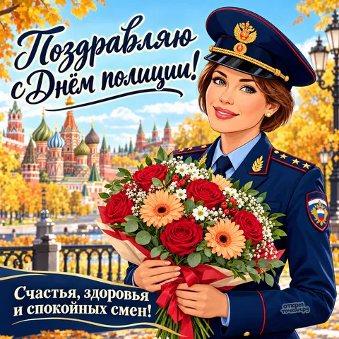 Открытка «Поздравляю с Днём полиции, женщина в форме с букетом» — День сотрудника органов внутренних дел