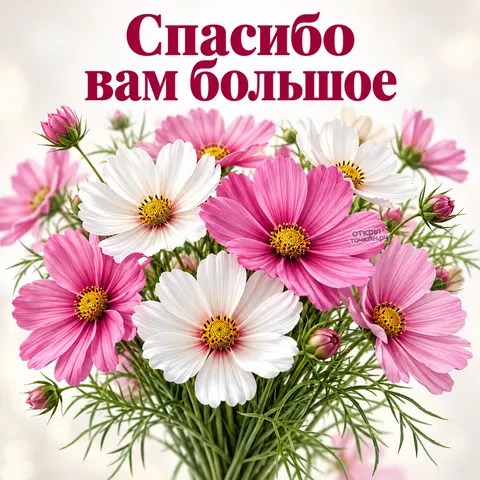 Открытка «Спасибо, букет розовых и белых космей»