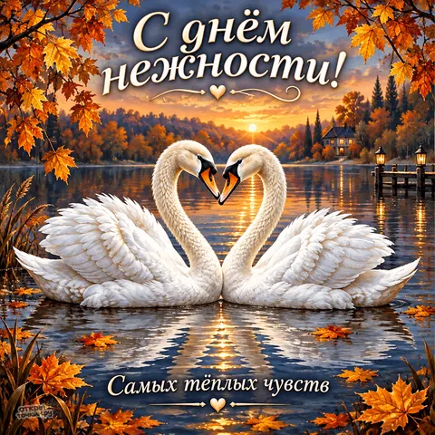 Открытка «День нежности, лебеди в форме сердца на осеннем закате, самых тёплых чувств»