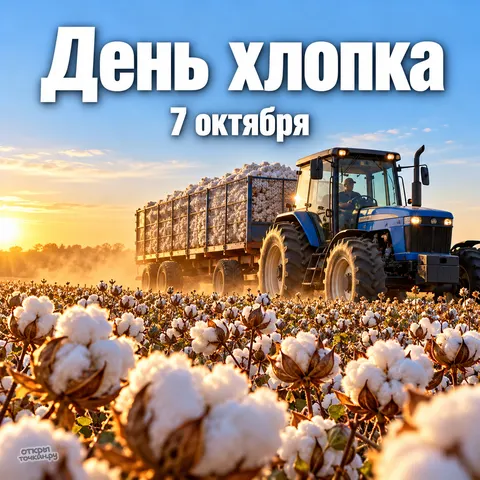 Открытка «День хлопка, уборка урожая на поле»