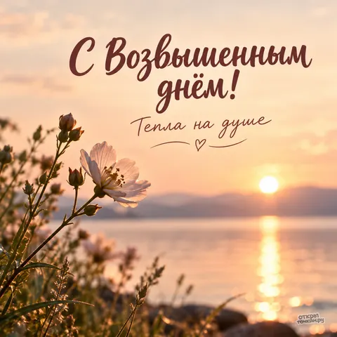 Открытка «Возвышенный день, белые космеи на закате у воды, тёпла на душе»