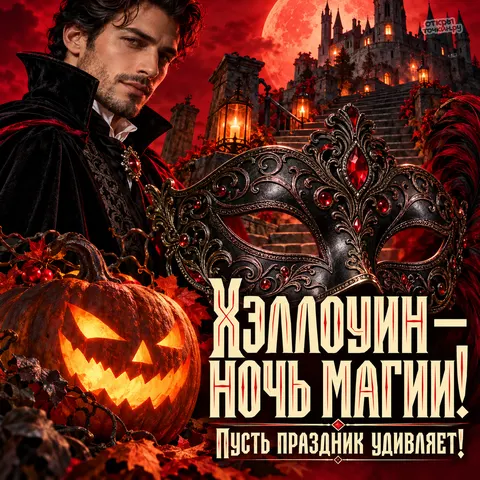 Открытка «Хэллоуин, мужчина в бархатной мантии, маска с перьями, тыква и замок, ночь магии и удивительный праздник»