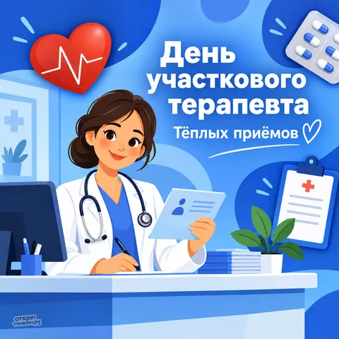 Открытка «День участкового терапевта, тёплых приёмов, врач за столом»