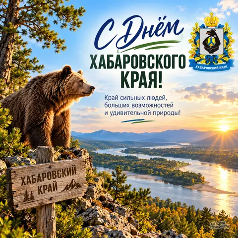 Открытка «День Хабаровского края, медведь у указателя с гербом над закатной рекой»