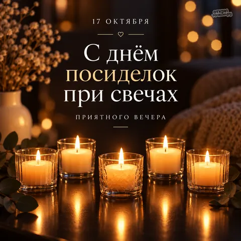 Открытка «День посиделок при свечах, приятного вечера, пять чайных свечей на тёмном столе»