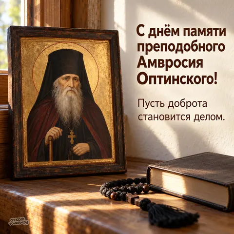 Открытка «День памяти Амвросия Оптинского, келья икона четки и книга на подоконнике доброта становится делом» — День памяти преподобного Амвросия Оптинского