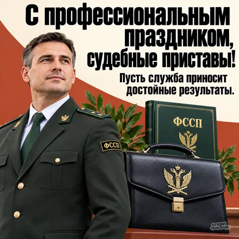 Открытка «День судебного пристава, пристав в форме, портфель с гербом ФССП, книга и лавр»