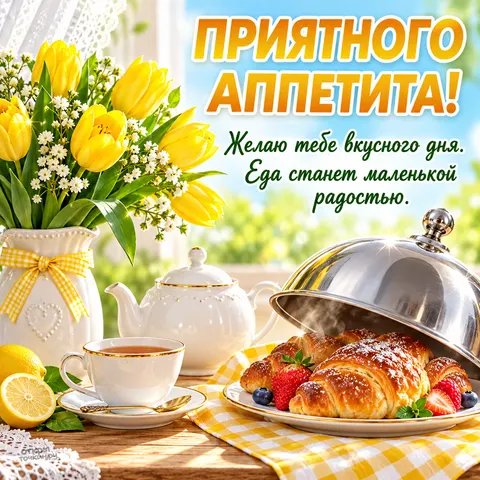 Открытка «Приятного аппетита, жёлтые тюльпаны, круассаны и чай»
