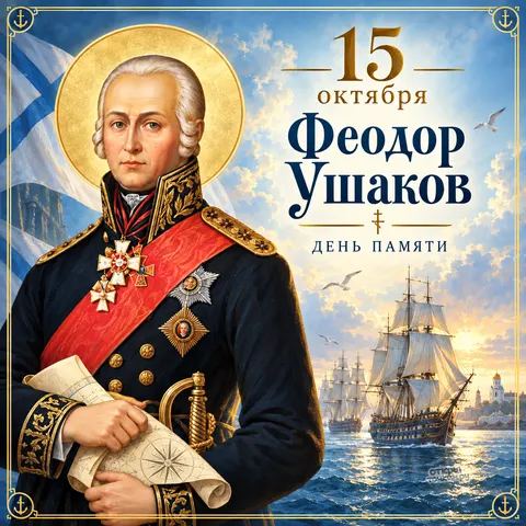 Открытка «Праведный воин Феодор Ушаков, 15 октября, день памяти, портрет с андреевским флагом и флотом на закате»