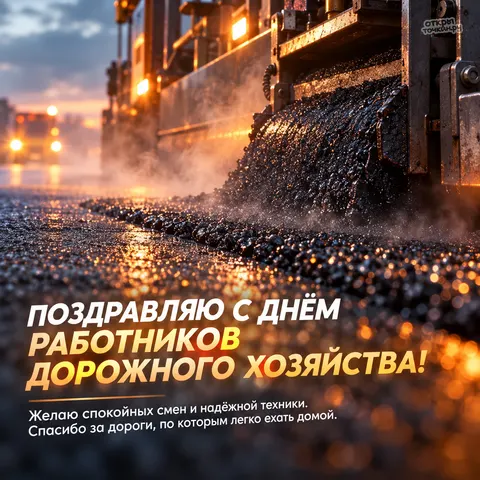 Открытка «День работников дорожного хозяйства, укладка горячего асфальта и дорожная техника»