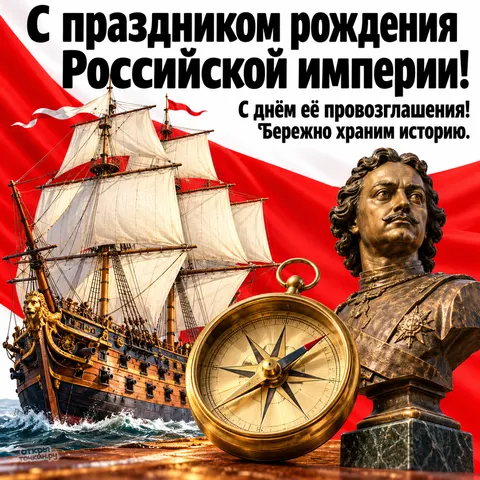 Открытка «День провозглашения Российской империи, линейный корабль, бюст в мундире и латунный компас на флаге»