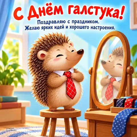 Открытка «Международный день галстука, ёжик в красном галстуке перед зеркалом, ярких идей и хорошего настроения»
