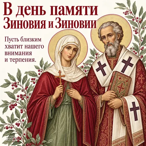Открытка «День памяти Зиновия и Зиновии, гравюра двух святых с ягодными ветвями» — День памяти священномученика Зиновия и мученицы Зиновии