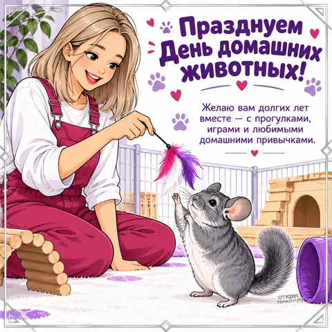 Открытка «Всемирный день домашних животных, девушка играет с шиншиллой перышком маленький праздник»