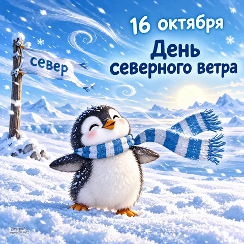 Открытка «День северного ветра, пингвин в шарфе у указателя на север»