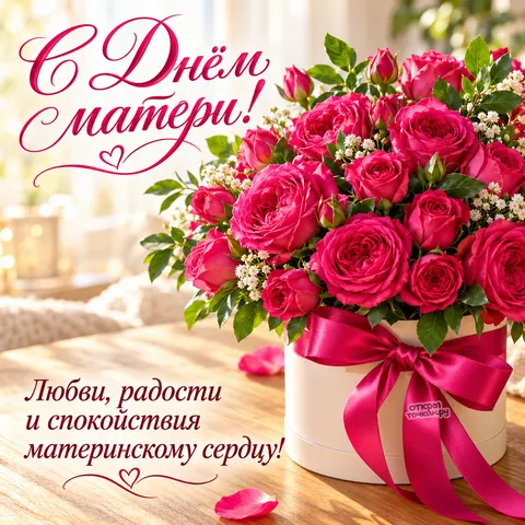Открытка «С Днём матери, малиновые розы в подарочной коробке»