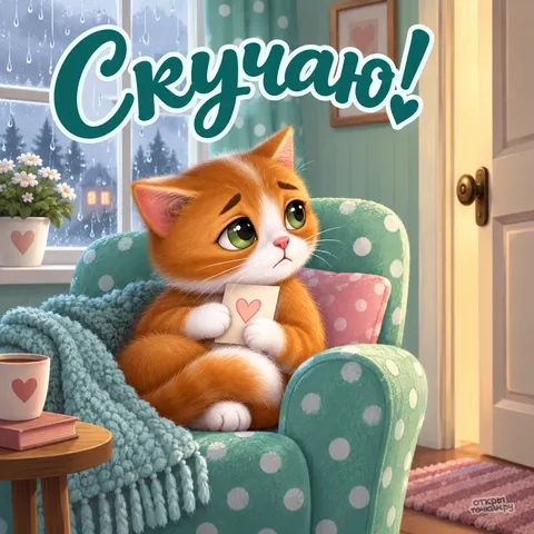Открытка «Скучаю, котёнок с письмом дома»