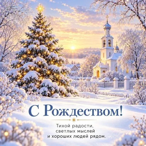 Открытка «С Рождеством Христовым, большая ёлка и белая церковь в снегу»